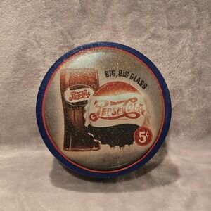 Vintage Pepsi-Cola Round Metal Advertising Tin Ballonoff Big‎ Big Glass 5 Cents